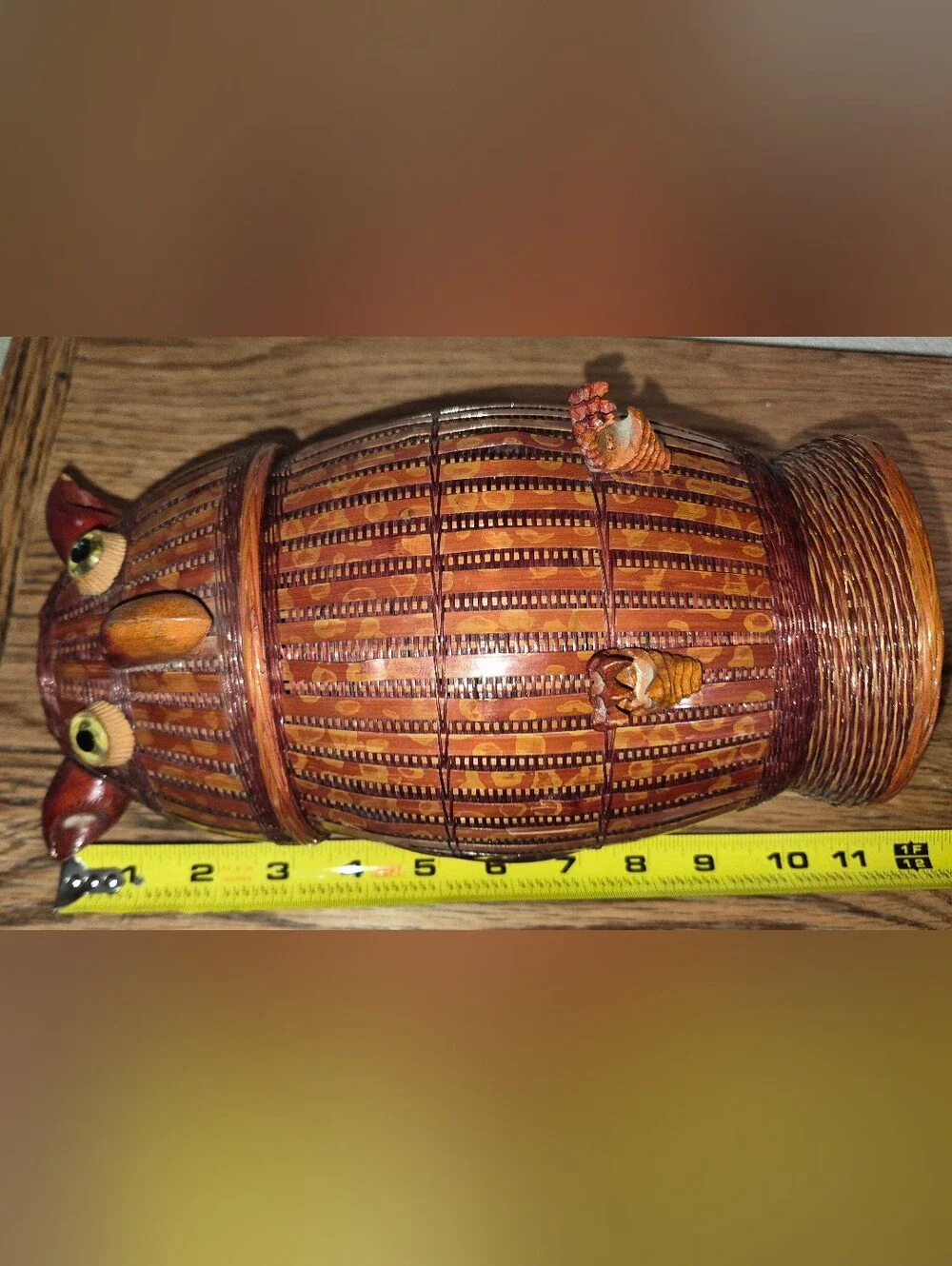 Vintage Lidded Owl Basket, Woven Wicker, RARE FIND!! 1970s
